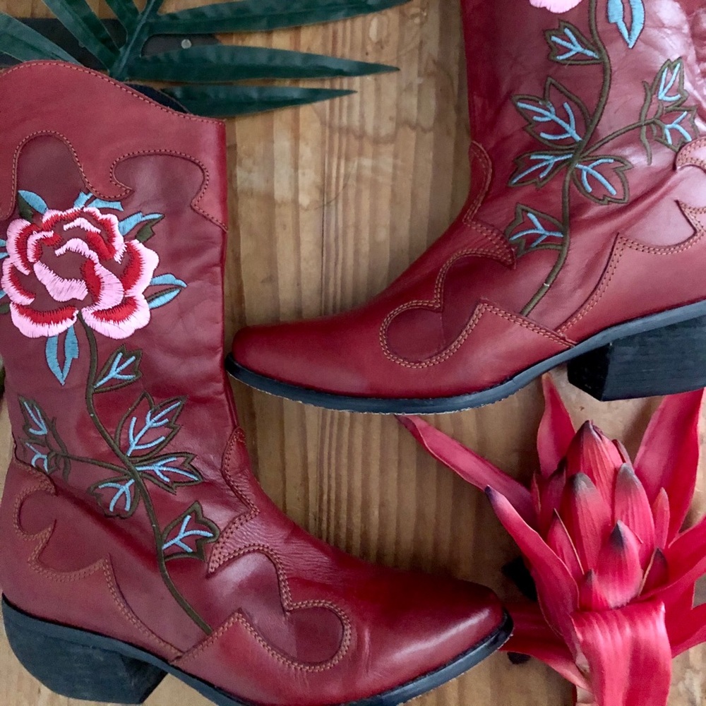 Red Cowboy Boots w/ Embroidered Roses
